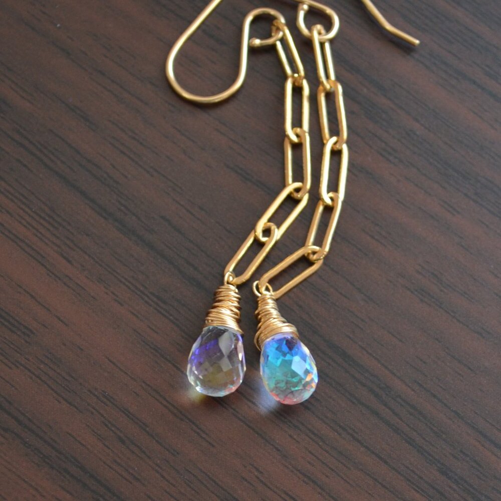 Handmade Rainbow Quartz Earrings with Gold Paperclip Chain Made in Canada